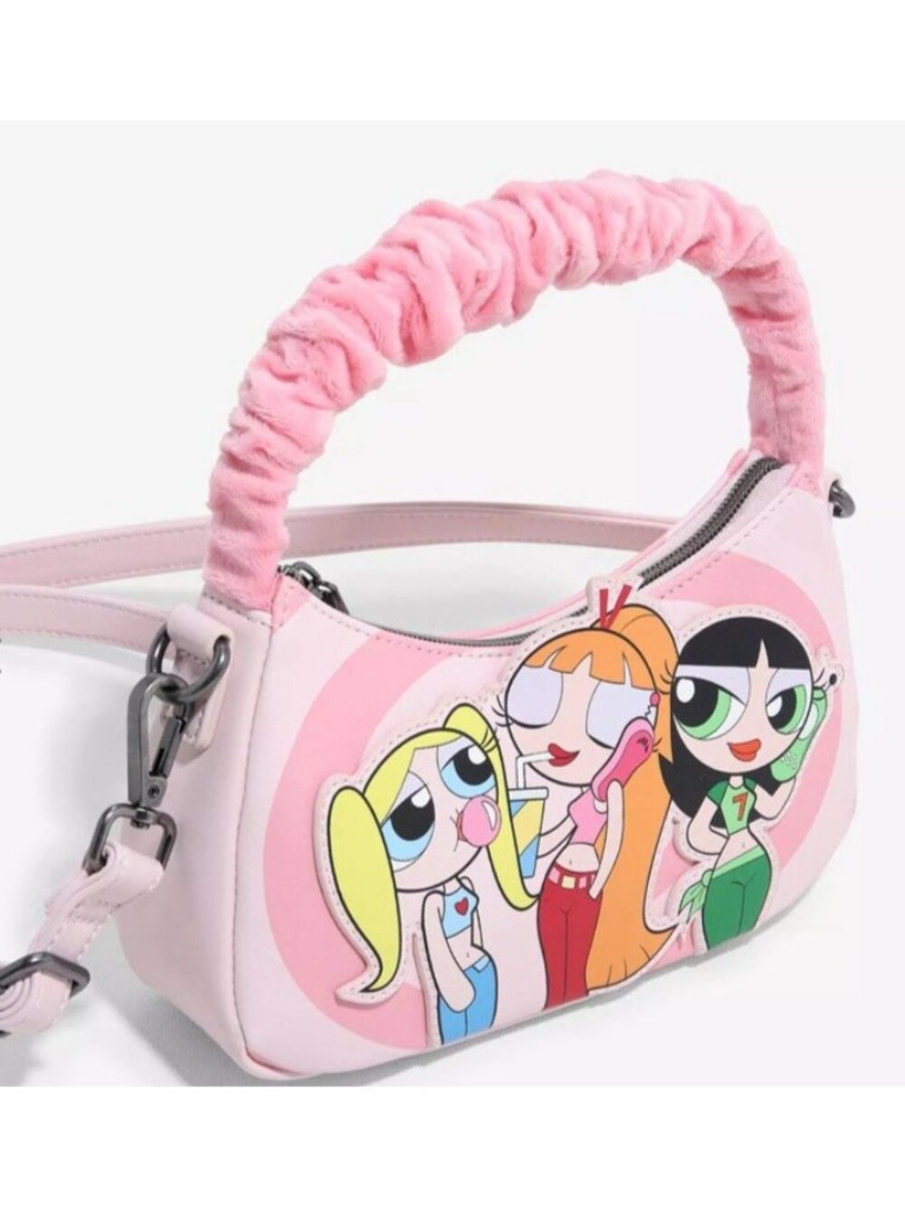 Loungefly The Powerpuff Girls Fuzzy Handle Crossbody Bag Buttercup Blossom Bubbl - Picture 2 of 6